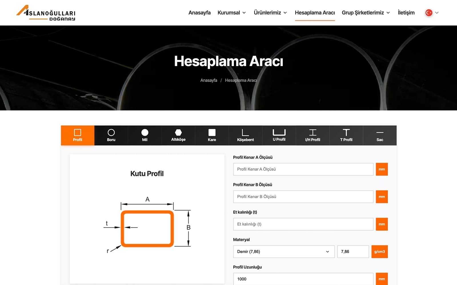 Aslanoğulları metal weight calculator interface